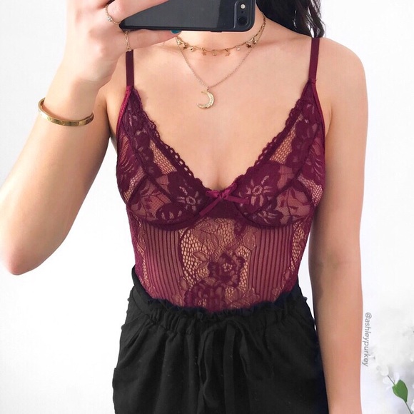❤️SALE❤️ Maroon wine red floral lace bodysuit - Picture 2 of 3